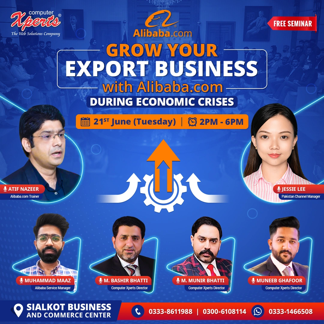 Seminar flyer for “Grow Your Export Business with Alibaba.com” featuring Atif Nazeer and industry leaders