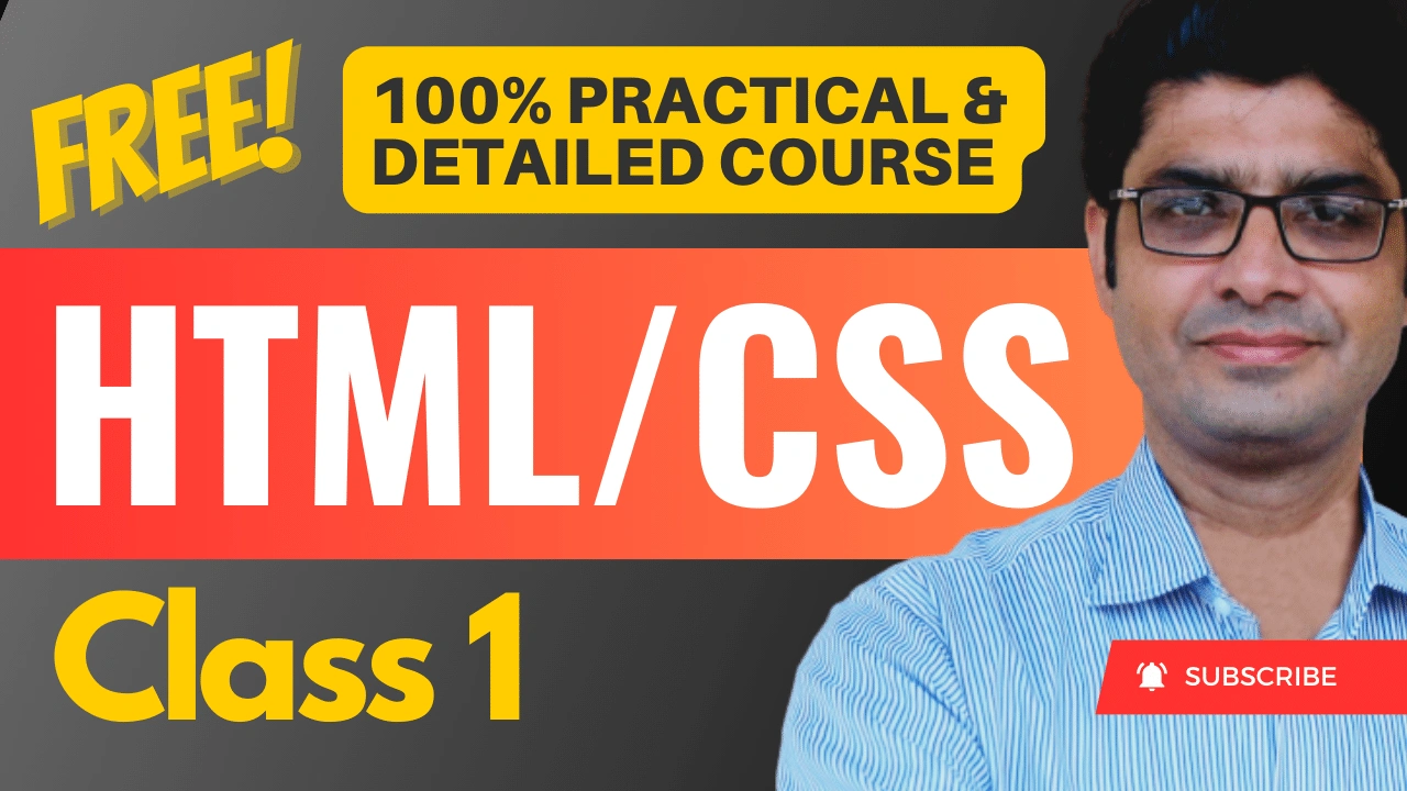 HTML/CSS Class 1 banner with instructor, free course label, and subscribe button