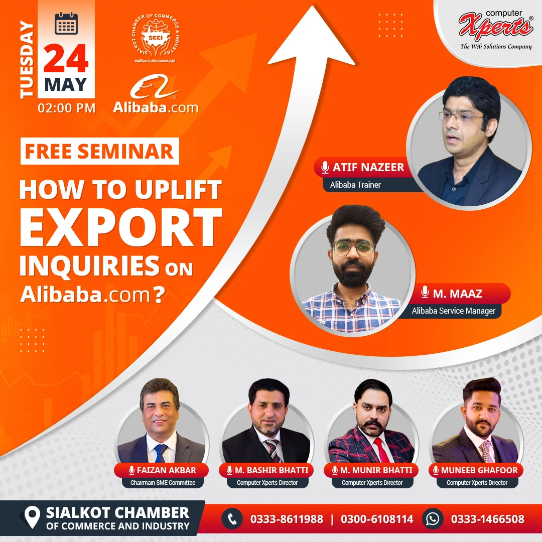 Seminar flyer for “How to Uplift Export Inquiries on Alibaba.com” featuring Atif Nazeer and industry leaders