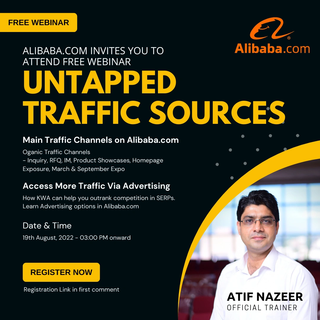 Alibaba.com webinar flyer featuring Atif Nazeer on untapped traffic sources and advertising strategies