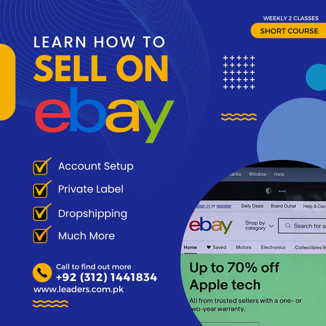 Business Courses eBay selling short course banner with training topics and website screenshot on blue background