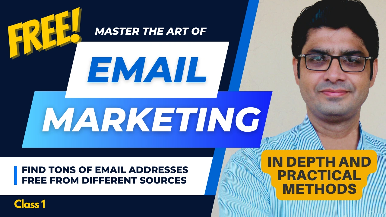 Email Marketing Class 1 banner with instructor and bold text on dark blue background