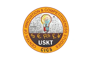 Circular logo of USKT's Center of Innovation & Competitiveness Studies featuring a light bulb with colorful gears and currency symbols.